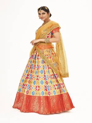 Mutli color  Banarasi silk Zari Half saree with  Yellow color dupatta with Unsttiched blouse 3