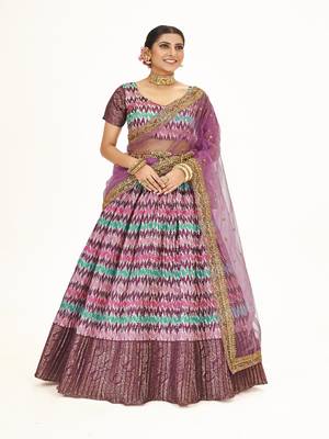 Mutli color  Banarasi silk Zari Half saree with  Purple color dupatta with Unsttiched blouse 1