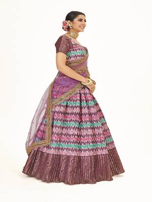 Mutli color  Banarasi silk Zari Half saree with  Purple color dupatta with Unsttiched blouse 3