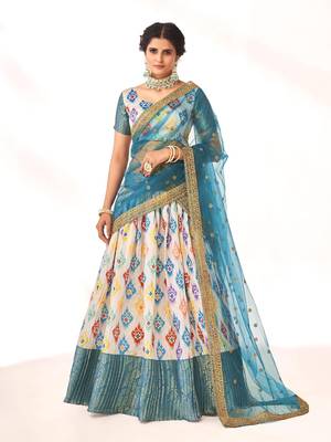 White color  Banarasi silk Zari Half saree with  Blue color dupatta with Unsttiched blouse 1