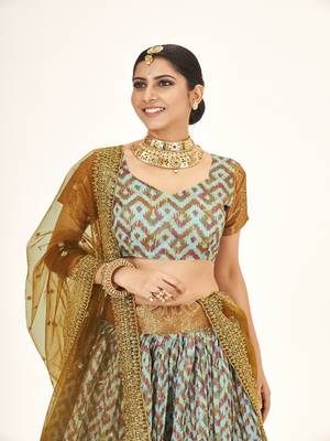 Sea Green color  Banarasi silk Zari lehenga  with  Mustard color dupatta with Unsttiched blouse 2