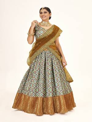 Sea Green color  Banarasi silk Zari lehenga  with  Mustard color dupatta with Unsttiched blouse 1