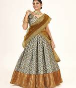 Sea Green color  Banarasi silk Zari lehenga  with  Mustard color dupatta with Unsttiched blouse