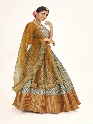Sea Green color  Banarasi silk Zari lehenga  with  Mustard color dupatta with Unsttiched blouse 3