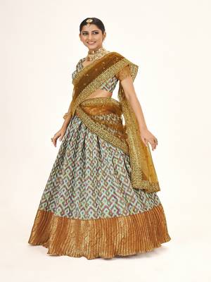 Sea Green color  Banarasi silk Zari lehenga  with  Mustard color dupatta with Unsttiched blouse 4