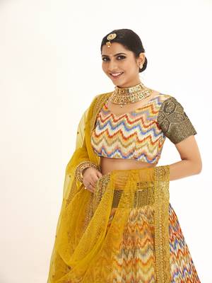 Mutli color  Banarasi silk Zari lehenga  with  Yellow color dupatta with Unsttiched blouse 2