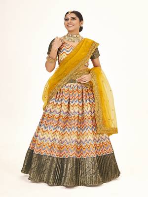 Mutli color  Banarasi silk Zari lehenga  with  Yellow color dupatta with Unsttiched blouse 1