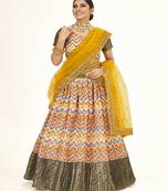 Mutli color  Banarasi silk Zari lehenga  with  Yellow color dupatta with Unsttiched blouse