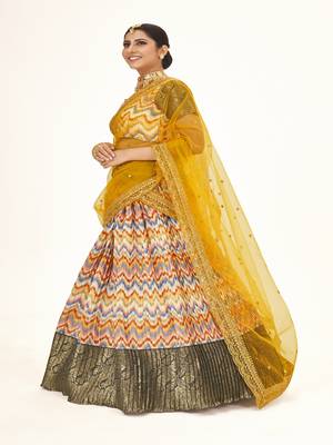 Mutli color  Banarasi silk Zari lehenga  with  Yellow color dupatta with Unsttiched blouse 4