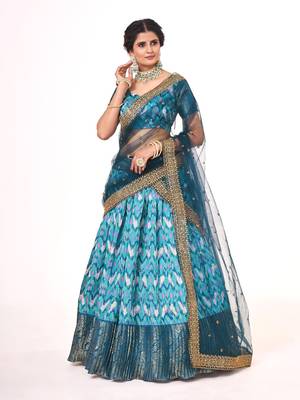 Blue color  Banarasi silk Zari lehenga with  Teal color dupatta with Unsttiched blouse 1