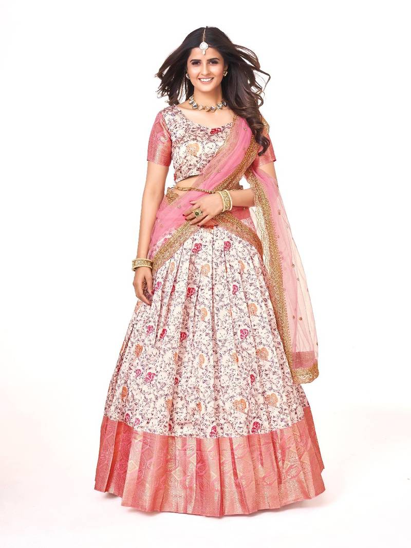 White  color  Banarasi silk Zari Half saree with Baby Pink color dupatta with Unsttiched blouse