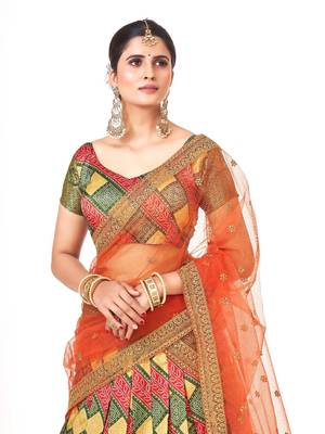 Multi color  Banarasi silk Zari Half saree with Orange color dupatta with Unsttiched blouse 3