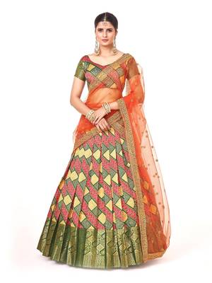 Multi color  Banarasi silk Zari Half saree with Orange color dupatta with Unsttiched blouse 1