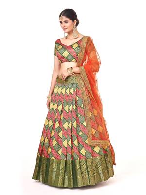 Multi color  Banarasi silk Zari Half saree with Orange color dupatta with Unsttiched blouse 4