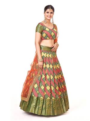 Multi color  Banarasi silk Zari Half saree with Orange color dupatta with Unsttiched blouse 5