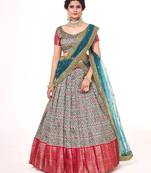 Multi color  Banarasi silk Zari lehenga with Teal blue color dupatta with Unstiched blouse