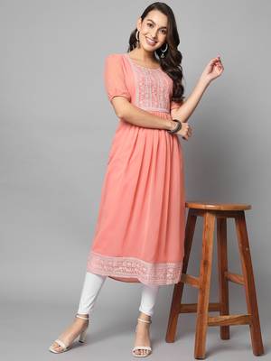 Peach Georgette Long Kurtis 1