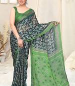 Green Printed Chiffon Saree With Blouse