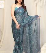 Grey Printed Chiffon Saree With Blouse
