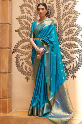 Blue Silk Gold Kanjivaram Zari Work Saree 1