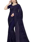 Navy blue embroidered georgette saree with blouse