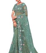 Turquoise embroidered net saree with blouse