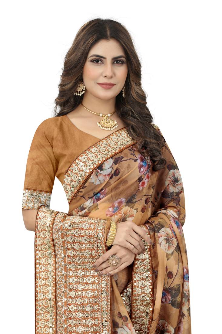 Women's Cotton Blend Mustard Printed Designer Saree With Blouse Piece