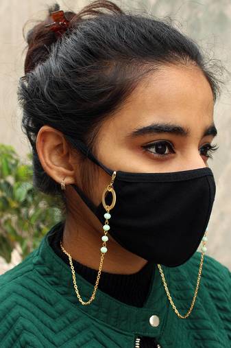 Green Beads With Golden Ring Mask Chain