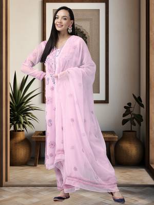 Handmade Baby Pink Georgette Lucknowi Chikankari Women Unstitched Suit Piece 1