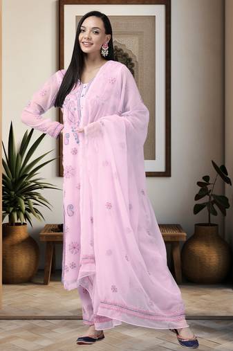Handmade Baby Pink Georgette Lucknowi Chikankari Women Unstitched Suit Piece