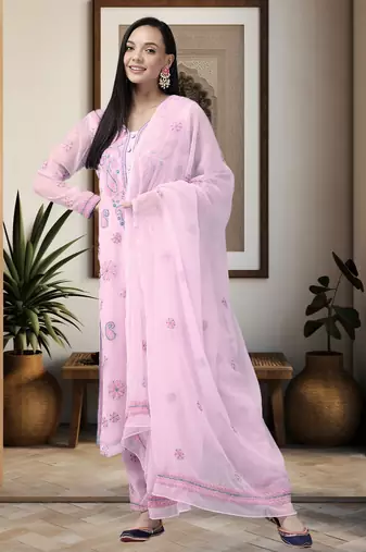 Handmade Baby Pink Georgette Lucknowi Chikankari Women Unstitched Suit Piece