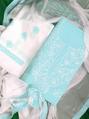 Ada Hand Embroidered Blue And White Cotton Lucknowi Chikankari Women Unstitched Suit Piece - A211243 2