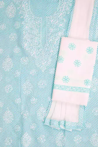 Ada Hand Embroidered Blue And White Cotton Lucknowi Chikankari Women Unstitched Suit Piece - A211243