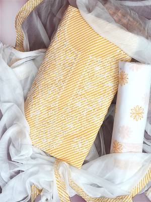 Ada Hand Embroidered Yellow And White Cotton Lucknowi Chikankari Women Unstitched Suit Piece - A211242 1