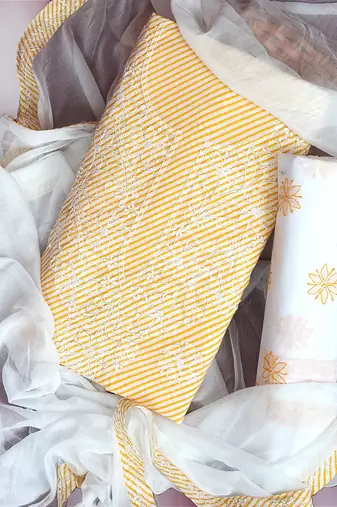 Ada Hand Embroidered Yellow And White Cotton Lucknowi Chikankari Women Unstitched Suit Piece - A211242