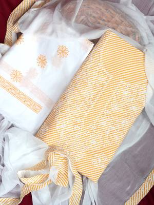 Ada Hand Embroidered Yellow And White Cotton Lucknowi Chikankari Women Unstitched Suit Piece - A211242 2