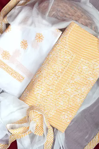 Ada Hand Embroidered Yellow And White Cotton Lucknowi Chikankari Women Unstitched Suit Piece - A211242