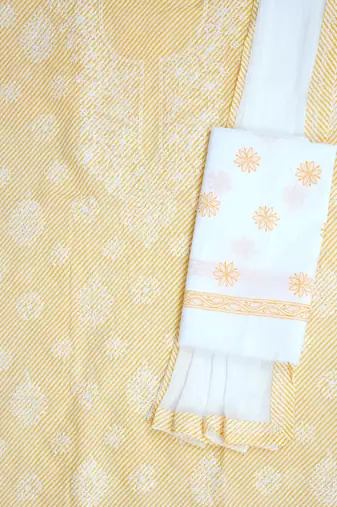 Ada Hand Embroidered Yellow And White Cotton Lucknowi Chikankari Women Unstitched Suit Piece - A211242