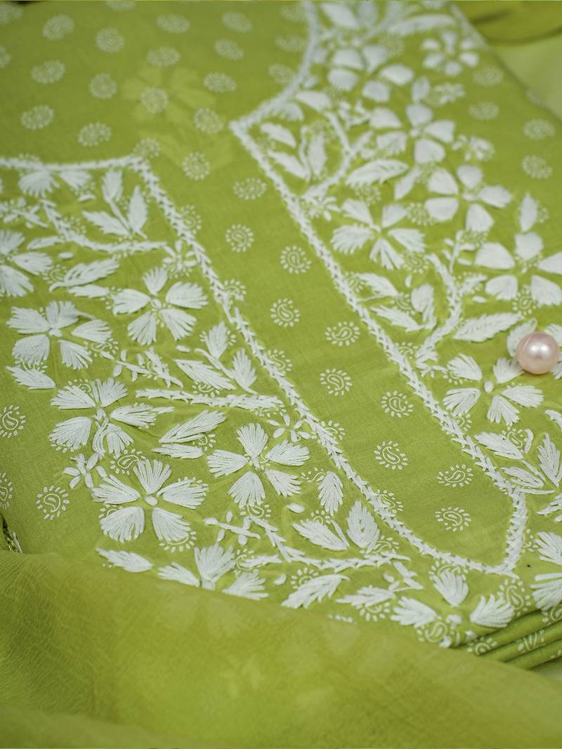 Hand Crafted Cotton Lucknowi Chikankari Women Unstitched Suit Piece