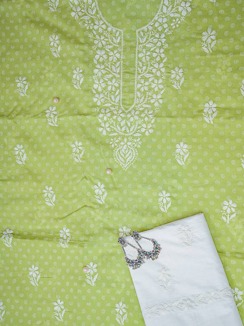 Hand Crafted Cotton Lucknowi Chikankari Women Unstitched Suit Piece