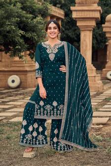 Teal embroidered faux georgette salwar