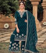 Teal embroidered faux georgette salwar