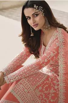 Peach embroidered net salwar