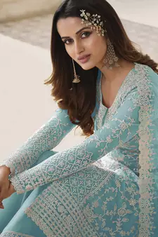 Light-blue embroidered net salwar