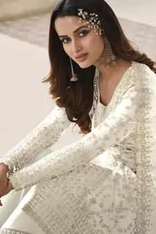 Cream embroidered net salwar