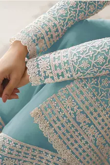 Light-blue embroidered net salwar