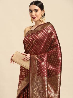 Maroon Kota Lichi Golden Zari Ethnic Motif Banarasi StyleContemporary Woven Design Saree With Running Blouse Piece 1