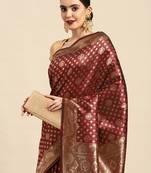 Maroon Kota Lichi Golden Zari Ethnic Motif Banarasi StyleContemporary Woven Design Saree With Running Blouse Piece
