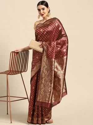 Maroon Kota Lichi Golden Zari Ethnic Motif Banarasi StyleContemporary Woven Design Saree With Running Blouse Piece 2