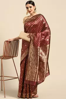 Maroon Kota Lichi Golden Zari Ethnic Motif Banarasi StyleContemporary Woven Design Saree With Running Blouse Piece